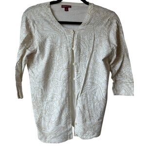 Merona | White/Tan Scroll | 3/4 Sleeve Button-Up Cardigan | SZ Large